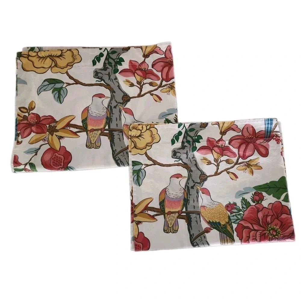 2/RARE Pottery Barn Zinnia Bird STANDARD SHAMS Floral Red Teal Blue Asian EUC